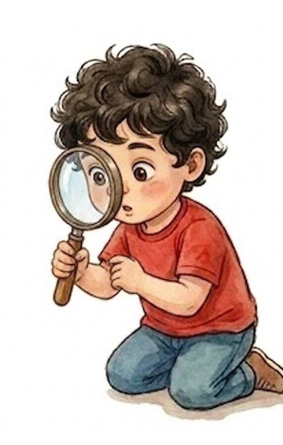 Child looking through a magnifying glass