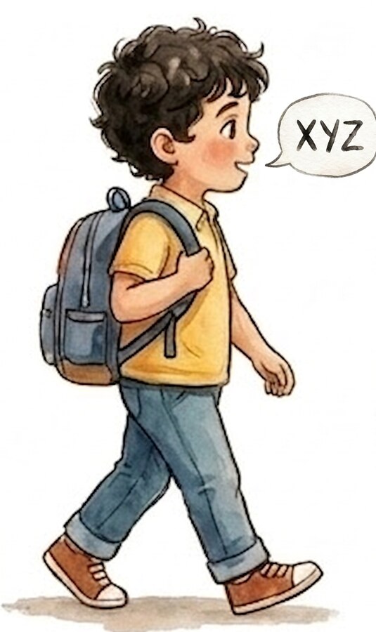 Child with a backpack saying X Y Z