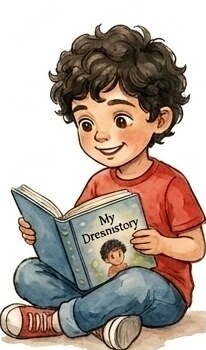 Child reading a book titled My Dreamstory